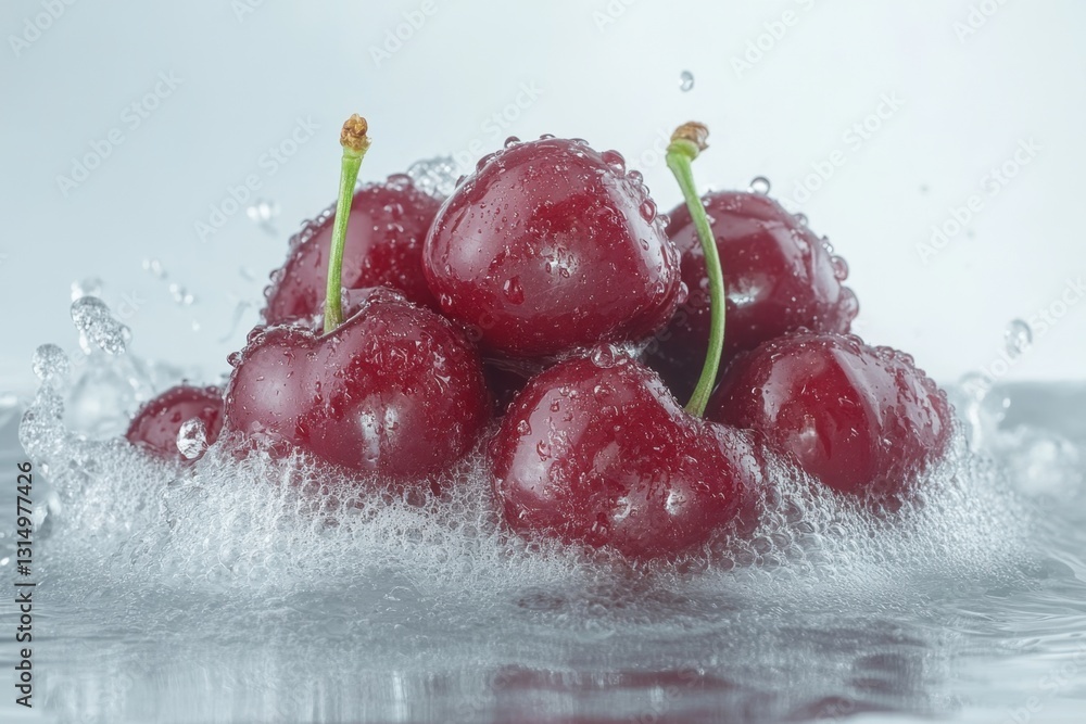 Poster fresh cherries in water splash creating a refreshing and vibrant scene with a clean background and a