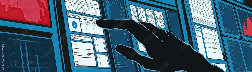 Poster hand interacts with data screens; global map & charts in background; financial analysis