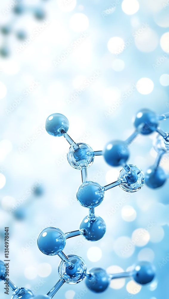 Poster light blue abstract background featuring a chemical structure, white blurred background, and ample c