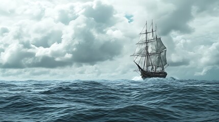 Fototapeta premium Classic sailing ship navigating stormy ocean under dramatic cloudy sky.