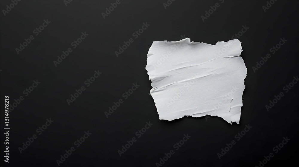 Poster white torn paper piece on black background with copy space for text message or advertisement
