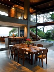 Obraz premium A modern interior showcases dining and natural outdoor views seamlessly