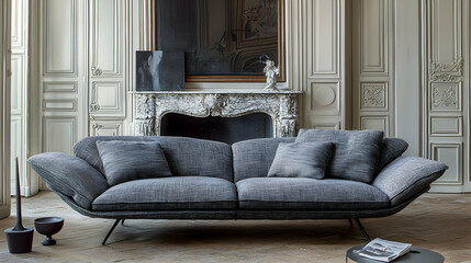 Fototapeta premium Modern gray sofa in elegant Parisian apartment, fireplace background; home decor, interior design