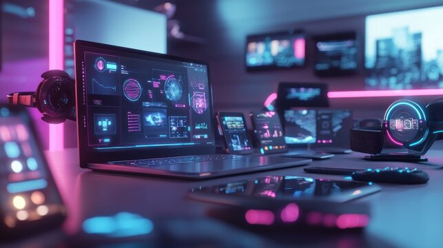 Futuristic tech workspace with multiple devices