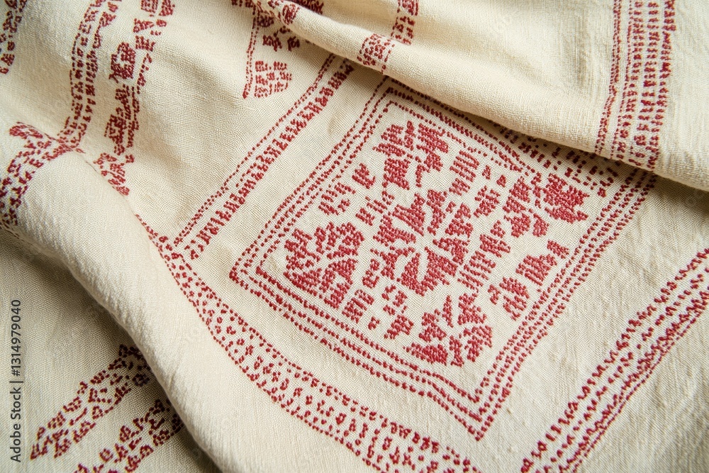 Poster detailed close-up of textured fabric with red pattern design