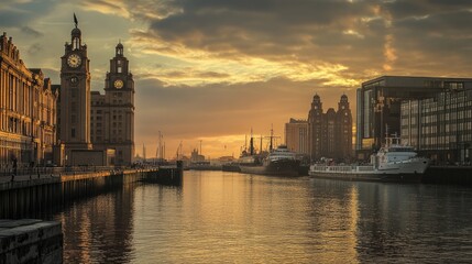 Fototapeta premium Liverpool: Timeless Coastal Port with Historic Warehouses and Ships in Britain