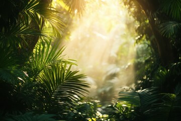 Lush Tropical Rainforest Canopy with Sunlight Streaming Through Verdant Palm Leaves Exotic Nature Scene