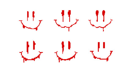 Six pixelated red distorted smiley faces, featuring an eerie glitch horror aesthetic.