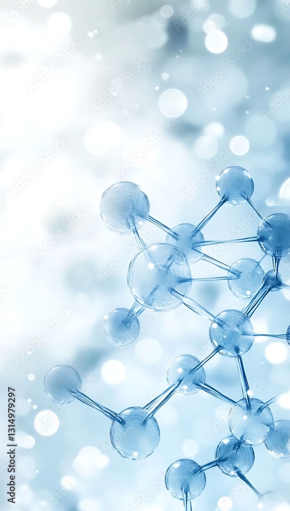 Poster light blue abstract background featuring a chemical structure, white blurred background, and ample c