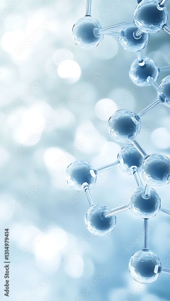 Poster light blue abstract background featuring a chemical structure, white blurred background, and ample c