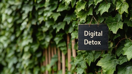 Digital Detox Concept with Green Ivy and Wooden Background for Wellness and Nature