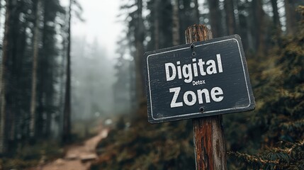 Tranquil Forest Scene with Digital Detox Sign Amid Misty Trees and Trail