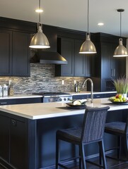 An attractive kitchen shows a black and white interior design
