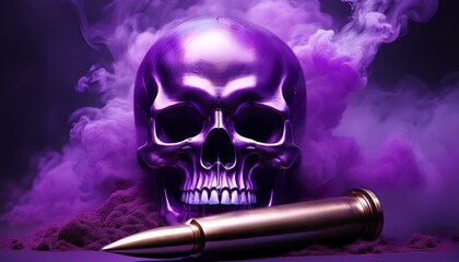 a metallic skull with a purple hue and a large bullet against a background of purple smoke creating a dark atmosphere