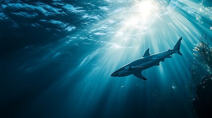Obraz premium Majestic shark silhouetted against sunbeams penetrating the ocean surface.