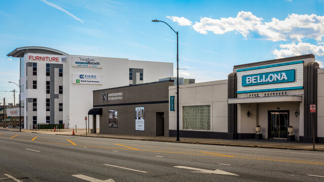 High Point, North Carolina-3 March 25:  A block of furniture market showroom buildings on S. Main Street, including Bellona, Furniture Source Intl, and Furniture 1st.