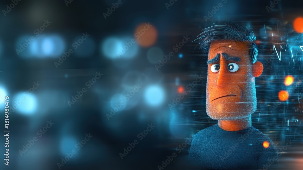 Poster animated character expresses emotion amidst digital background virtual space animation futuristic en