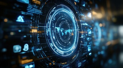 Futuristic digital interface with global data visualization