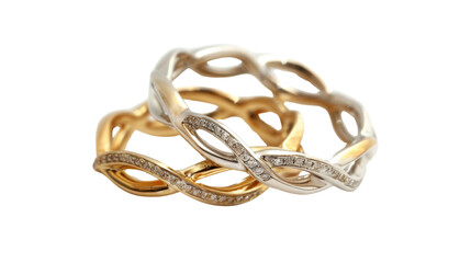 Two wedding rings intertwined, showing commitment and love on transparent background