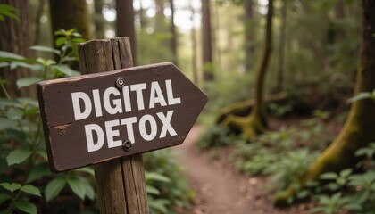 wooden sign pointing to digital detox trail in a serene forest setting