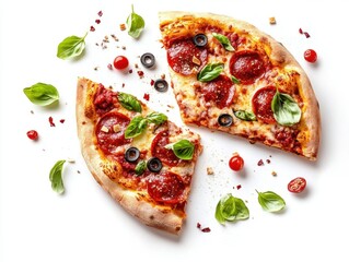 Delicious pepperoni pizza slices with fresh basil and tomato on a clean white background overhead shot capturing a vibrant culinary scene