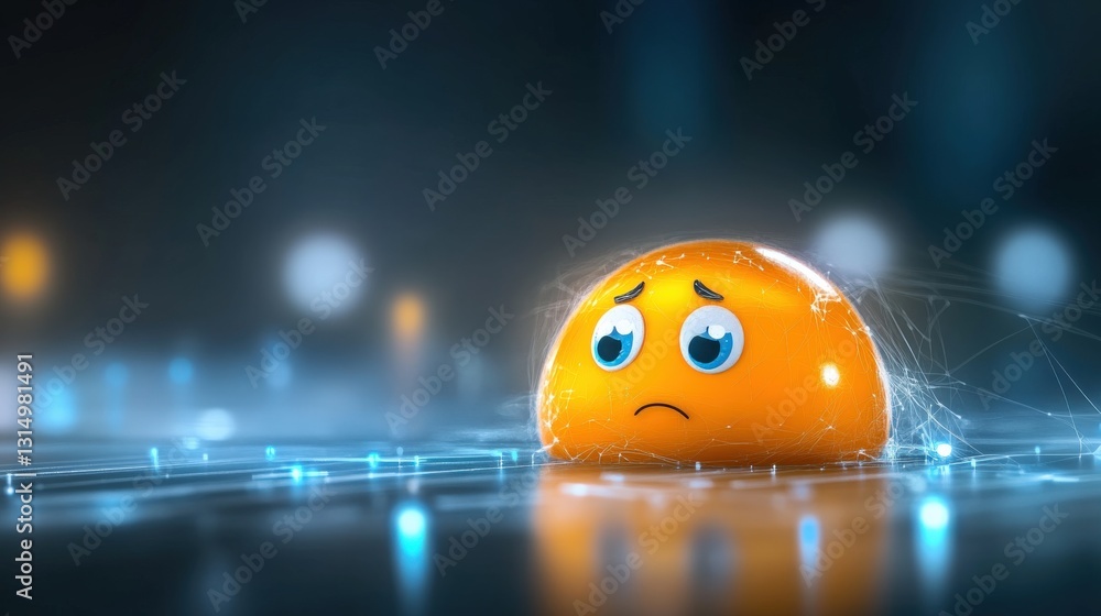 Poster sad animated gelatin character expressing emotions in a digital environment close-up view conceptual