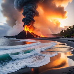 Lava River Flows into the Sea at the Beach with Smoke and Fire Burning into the Sky