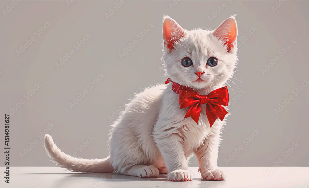 Poster white kitten with a red bow around its neck. the kitten is sitting on a table and looking at the cam