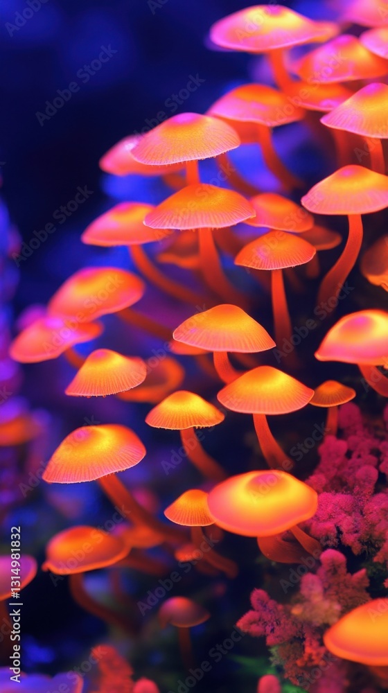 Poster luminous mushroom cluster in vibrant hues against a dark backdrop creating a surreal bioluminescent 
