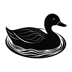 Duck Swimming with Ripples Encircling Its Body Silhouette on White Background