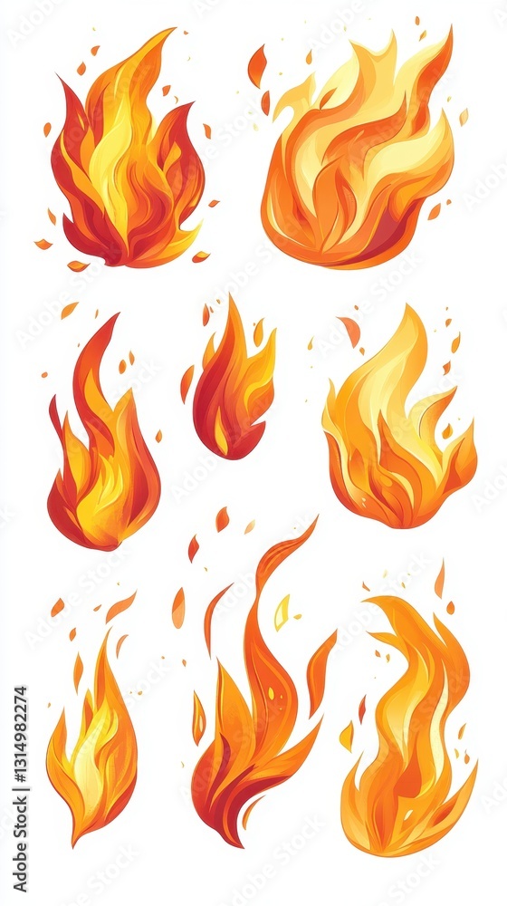 Poster collection of stylized flame illustrations in vibrant orange and yellow hues against a clean white b