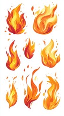 Collection of stylized flame illustrations in vibrant orange and yellow hues against a clean white backdrop creating a dynamic and energetic visual effect