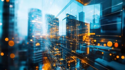 Futuristic Cityscape with Glowing Lines and Reflections at Dusk