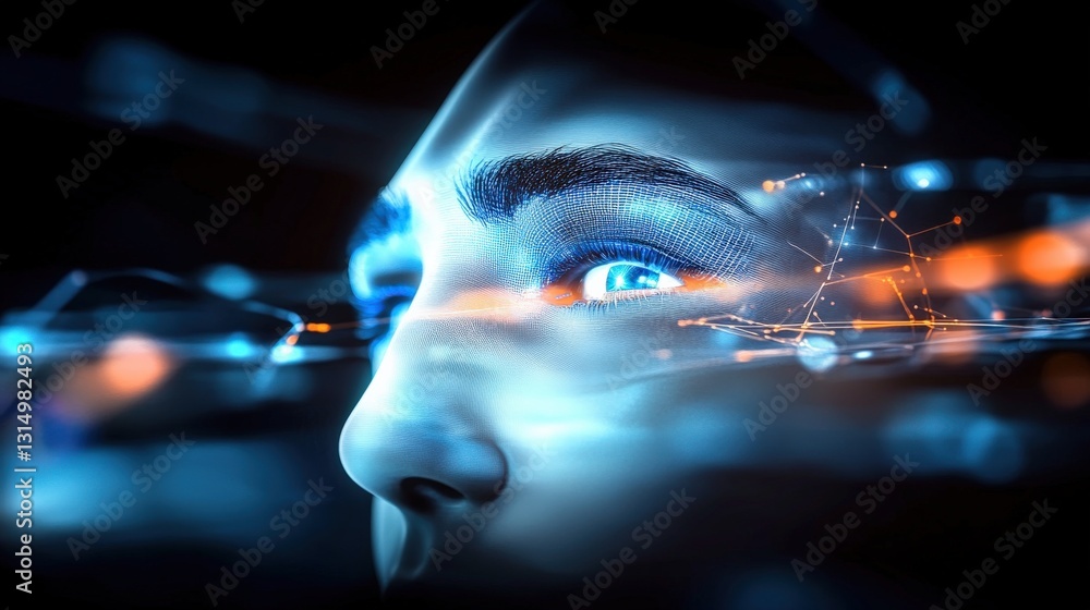 Poster exploring human-ai interaction futuristic labs digital artwork high-tech environment close-up perspe