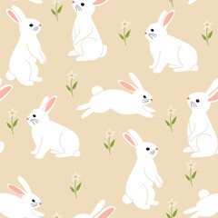 Cute seamless pattern with rabbits and flowers. Easter background. Good for printing and wrapping.