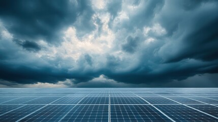 Dramatic Skies Over Solar Panels with Dark Clouds and Reflections