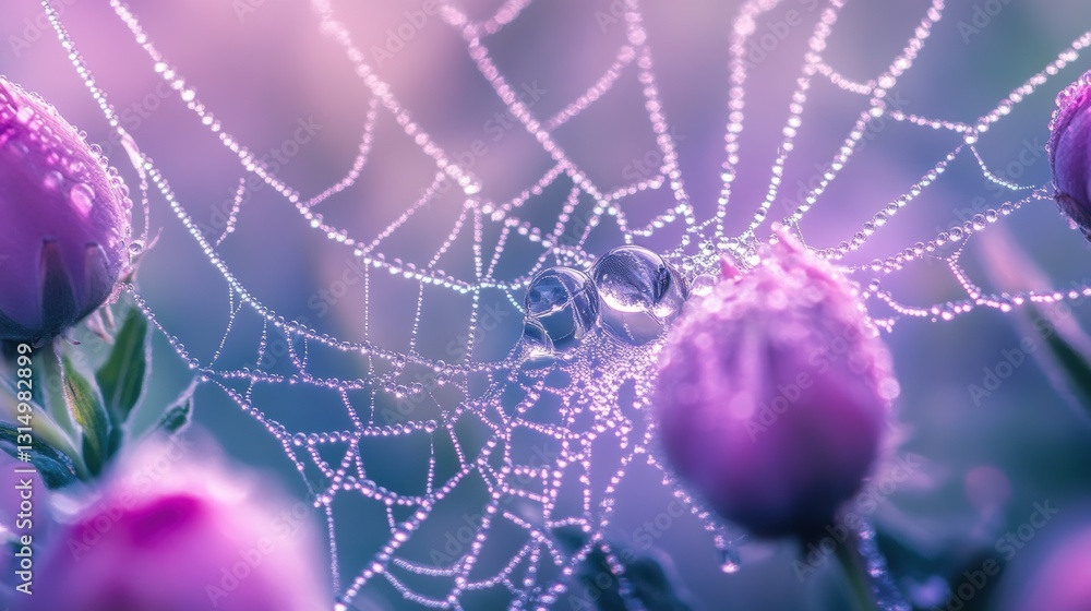Wall mural beautiful spider web in wild field with dew in morning in spring.