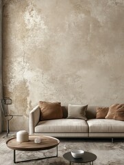 Living room interior depicts modern sofa and low tables