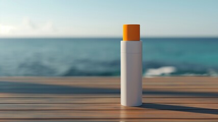 sunblock bottle mockup with a minimalistic design, placed on a smooth wooden surface, copy space for text , product photography