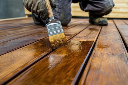 Hardwood Deck Renewal: Worker Applying Oil with Paintbrush on Decking Boards