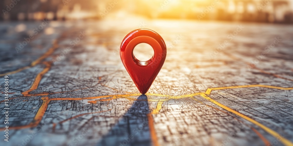 Poster 3d locator pin symbol: navigation icon highlighting destination on map with graphic road mark