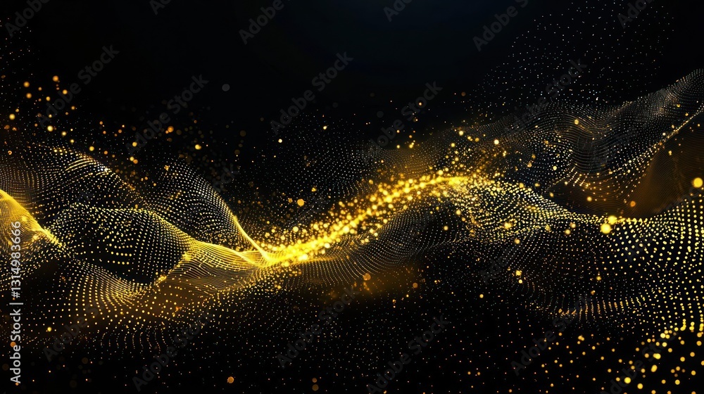 Poster abstract golden particle wave against dark background with glowing light and motion