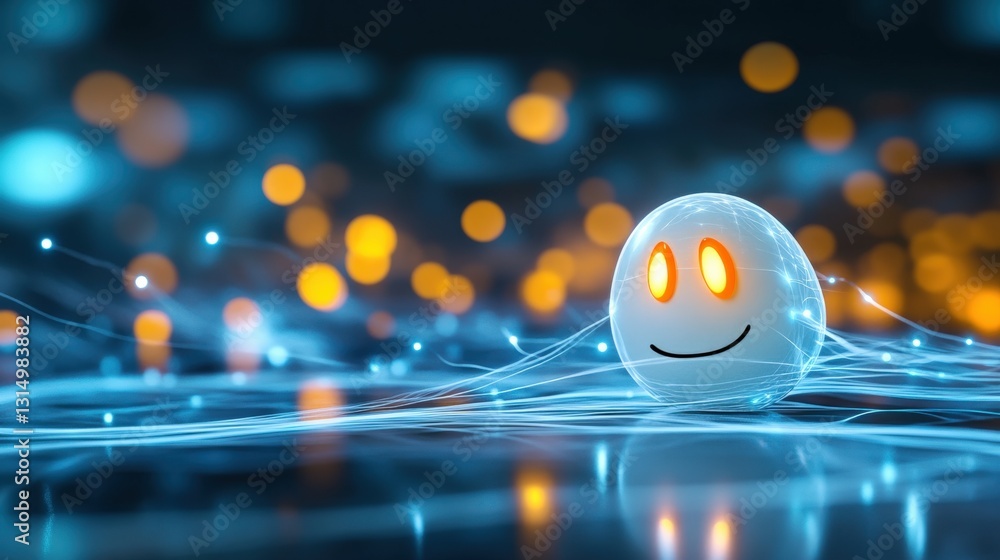 Poster joyful digital character surrounded by soft lights virtual space 3d render playful environment close