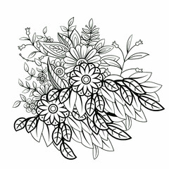 Easy and Simple mandala with triangles,abstract floral elements, meditative flower motif and Vintage monochrome element for coloring pages and design.