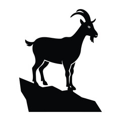 Goat Poised on a Small Rock Ledge Silhouette on White Background