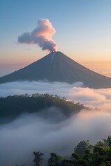 Fototapeta premium Sunrise Volcano Eruption with Mist Below