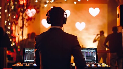 Stylish DJ performing at a vibrant event filled with love and energy for valentine day.