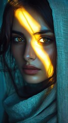 Young Woman Veiled in Teal Fabric Golden Light