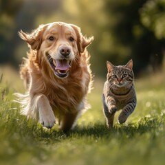 Golden retriever dog and tabby cat running joyfully side by side on a grassy field, enjoying a playful moment together in nature