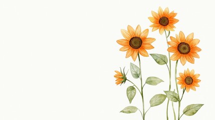 Fototapeta premium Beautiful Sunflowers with Green Leaves on Soft Background, Perfect for Design, Decoration, and Natural Themes